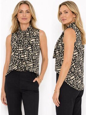 Jones New York Silk Tie Neck Sleeveless Blouse Geo Print Black Cream Large